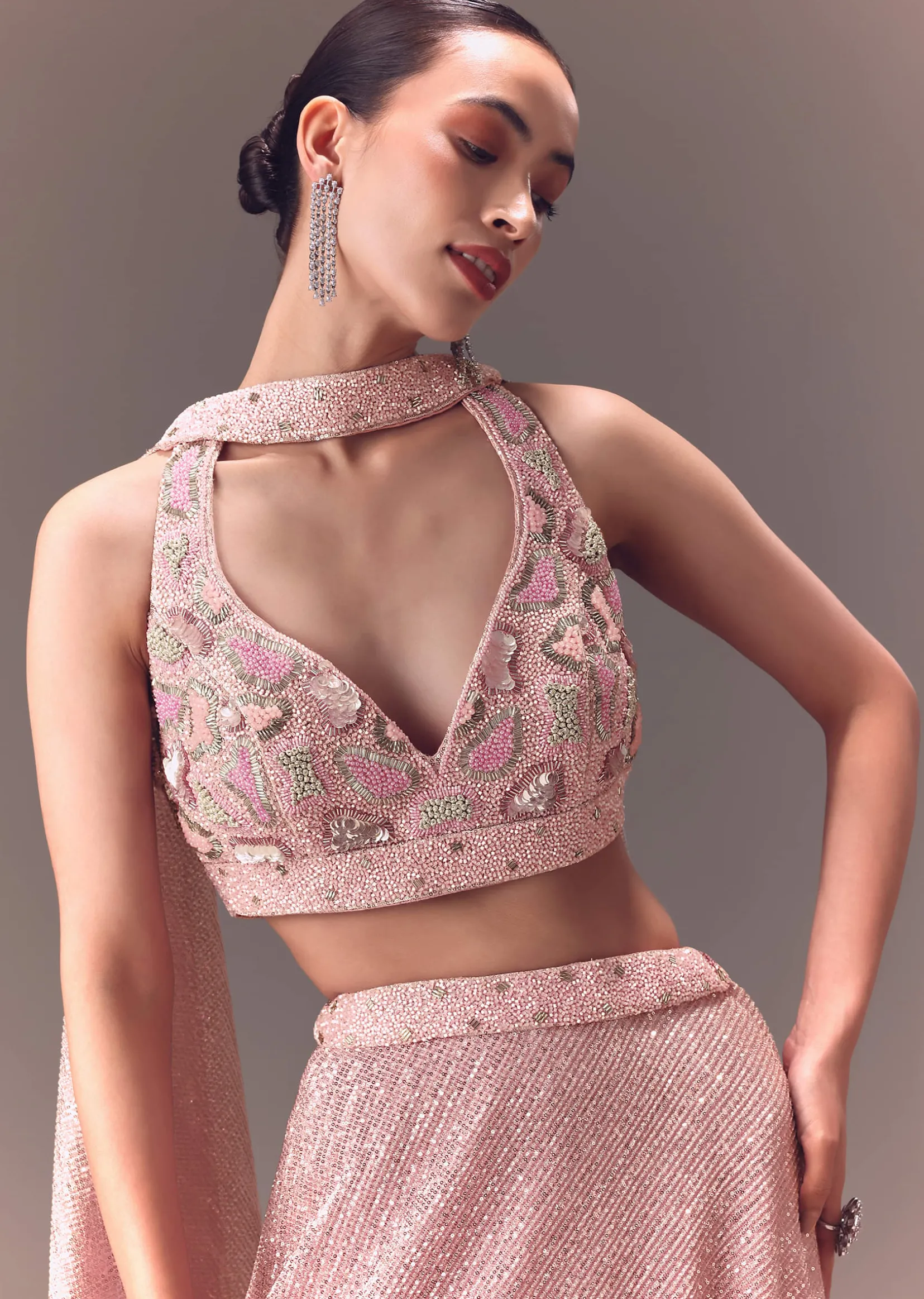 Onion Pink Sequin Embellished Lehenga Set With Choker Dupatta