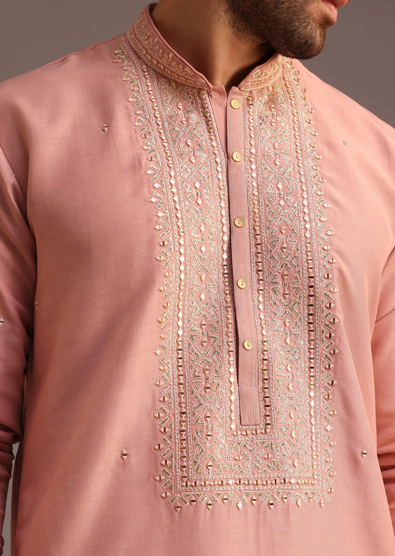 Onion Pink SIlk Kurta And Pant Set With Embroidered Yoke