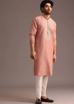 Onion Pink SIlk Kurta And Pant Set With Embroidered Yoke
