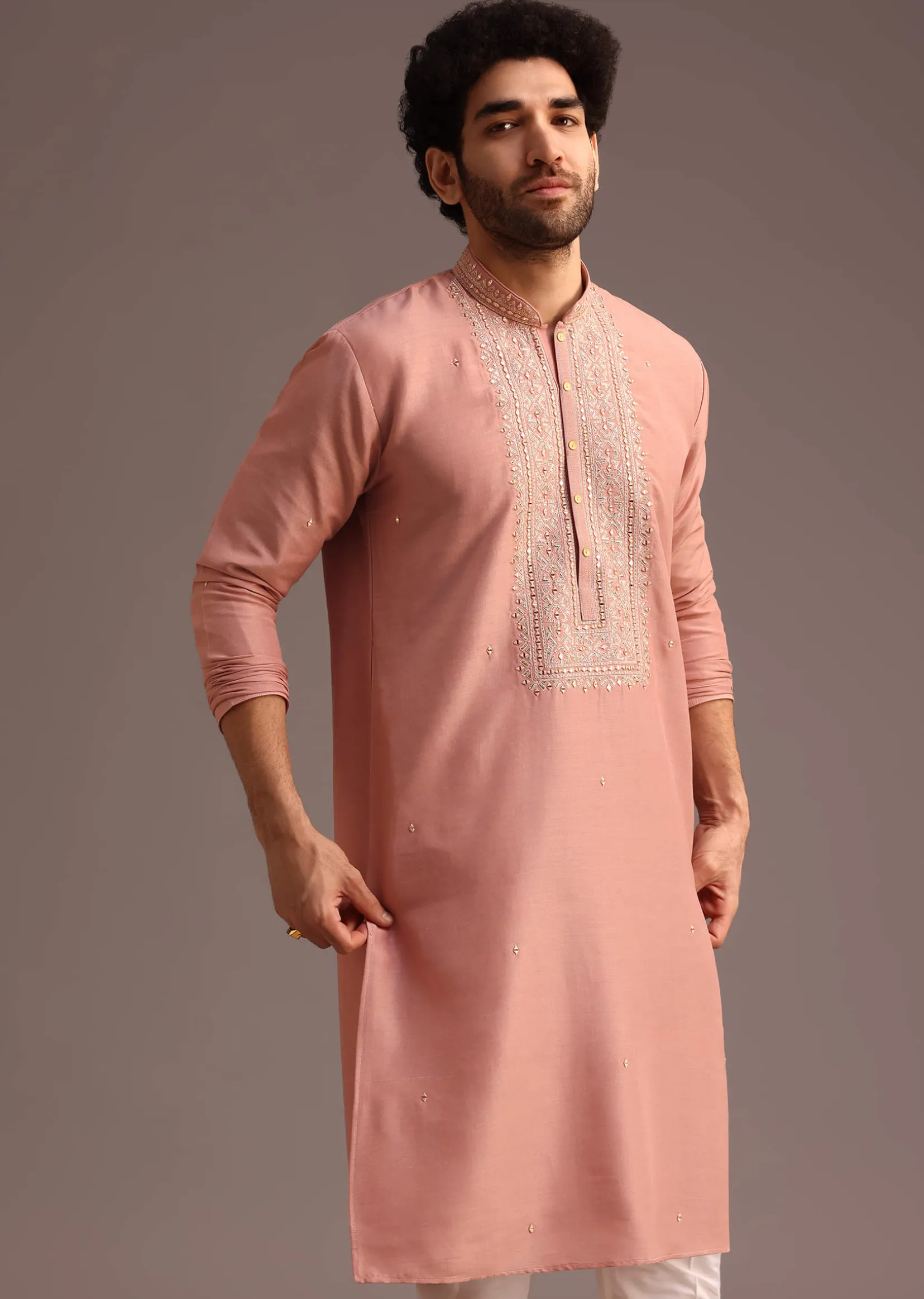 Onion Pink SIlk Kurta And Pant Set With Embroidered Yoke