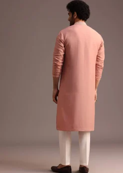 Onion Pink SIlk Kurta And Pant Set With Embroidered Yoke