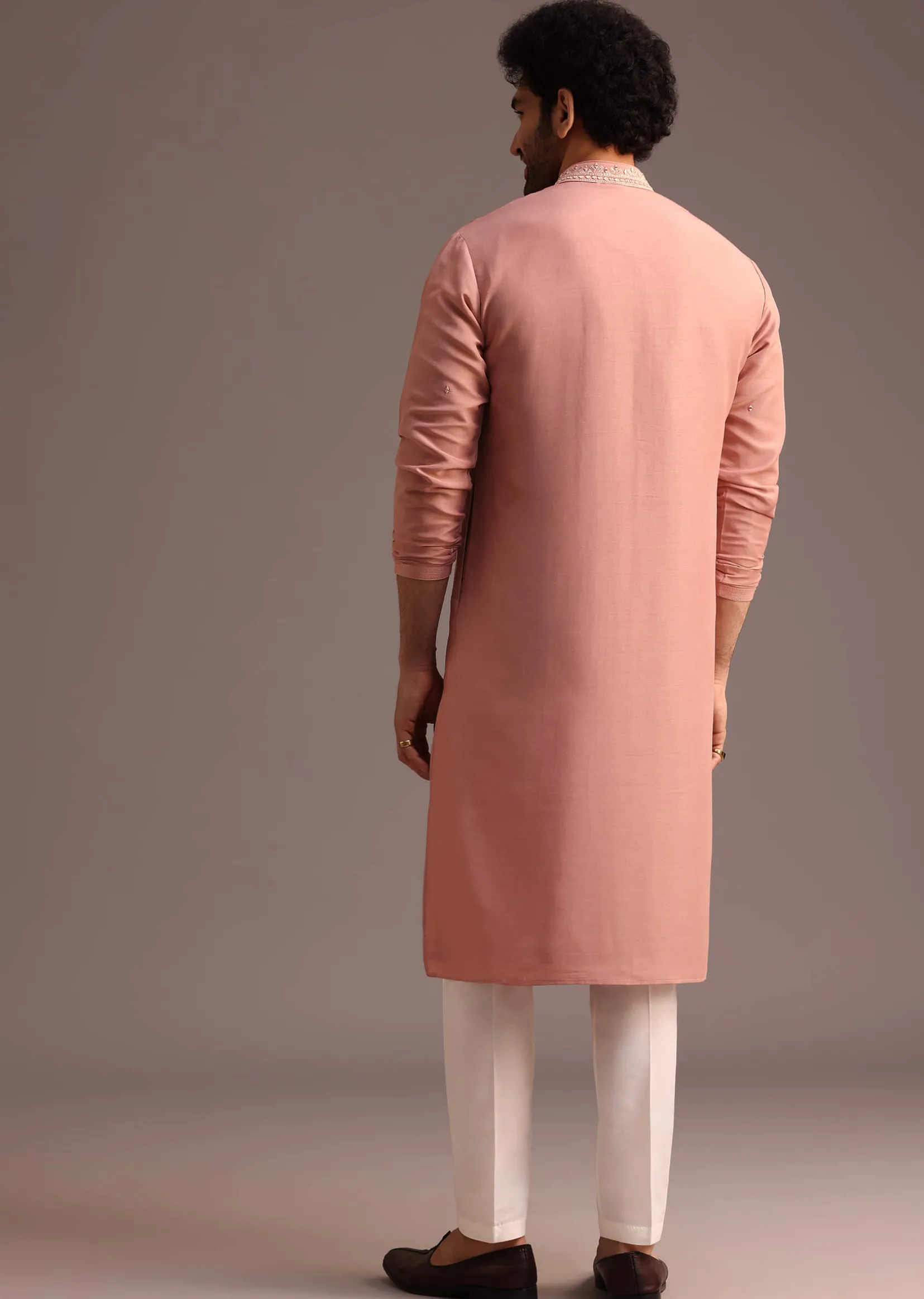 Onion Pink SIlk Kurta And Pant Set With Embroidered Yoke
