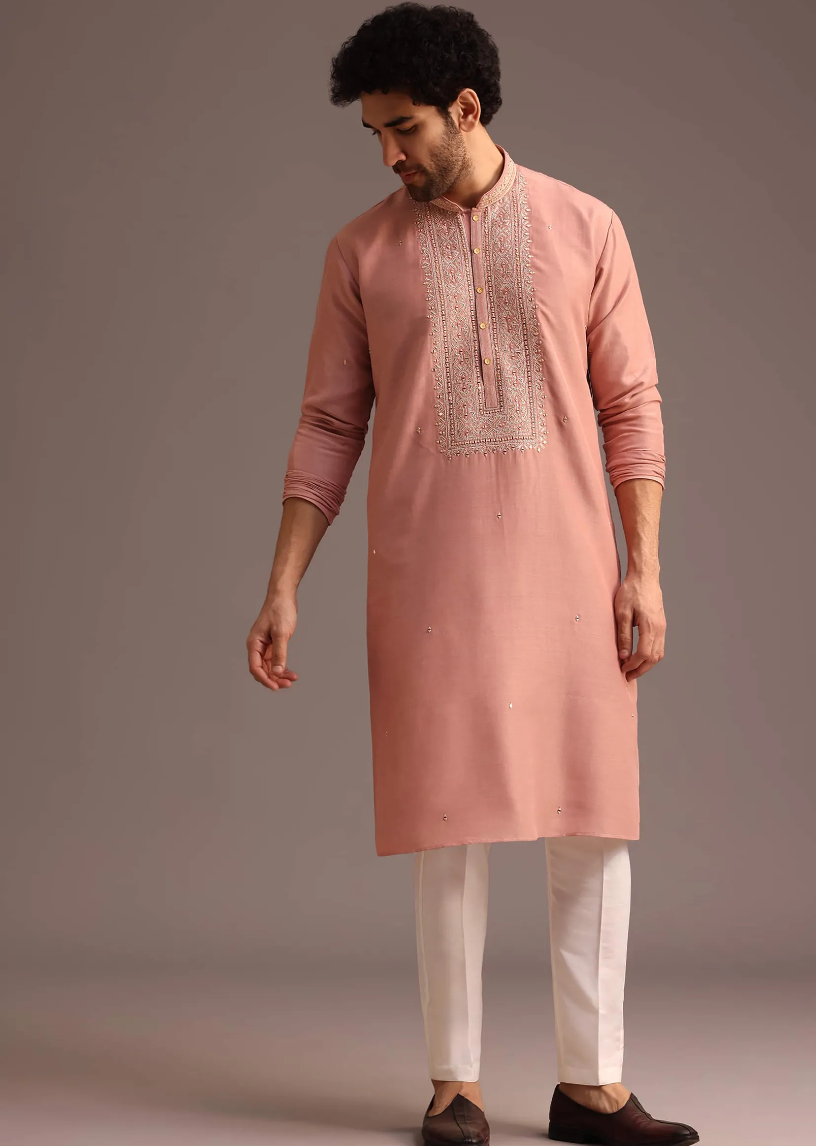 Onion Pink SIlk Kurta And Pant Set With Embroidered Yoke