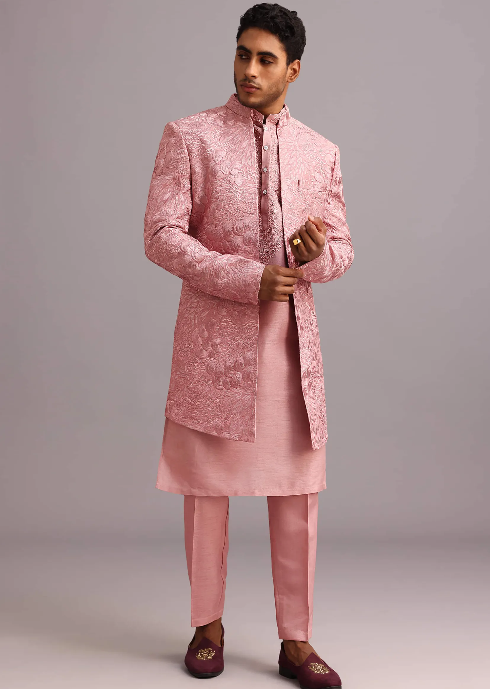 Onion Pink Thread Embroidered Dola Silk Sherwani Set