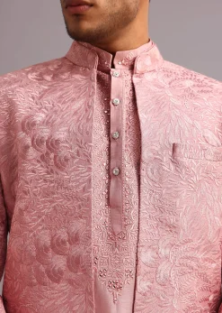 Onion Pink Thread Embroidered Dola Silk Sherwani Set