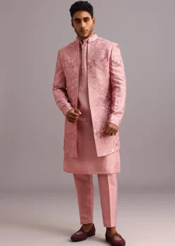 Onion Pink Thread Embroidered Dola Silk Sherwani Set