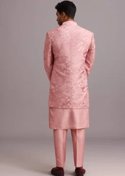 Onion Pink Thread Embroidered Dola Silk Sherwani Set