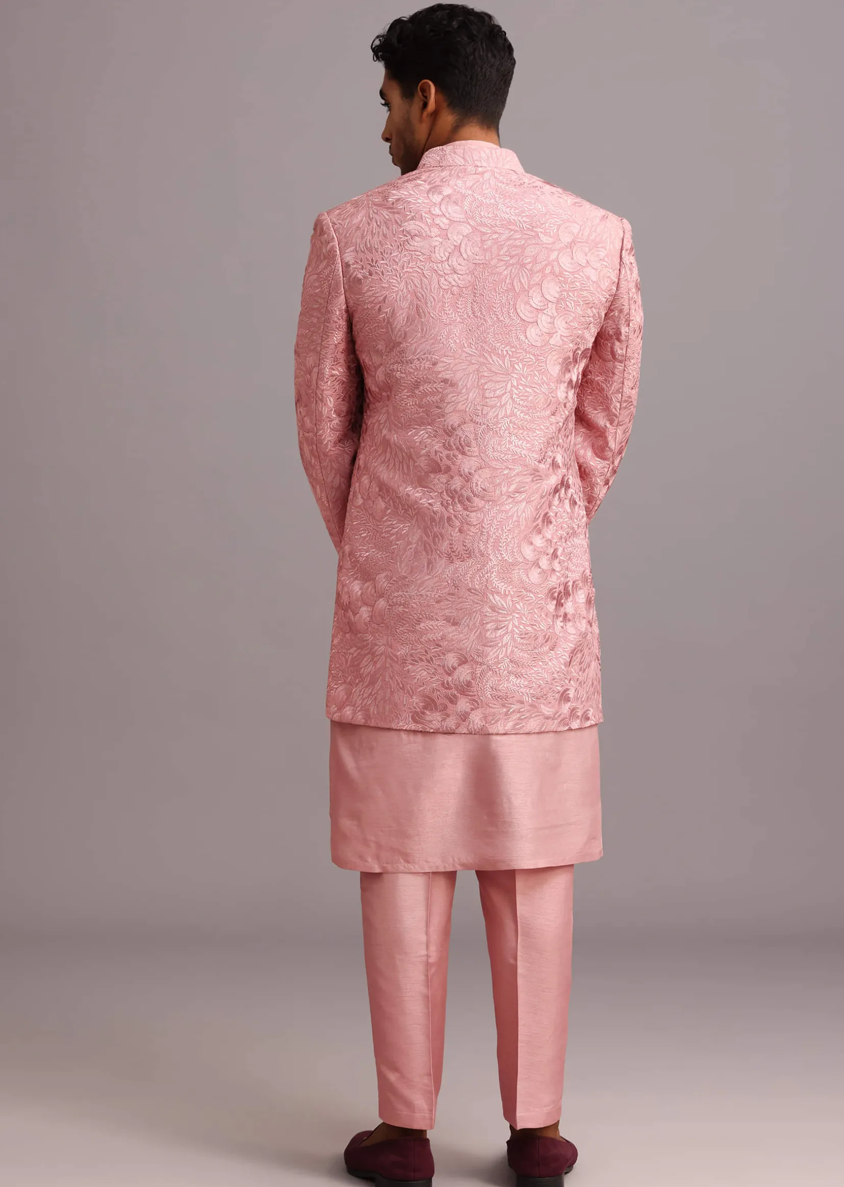 Onion Pink Thread Embroidered Dola Silk Sherwani Set
