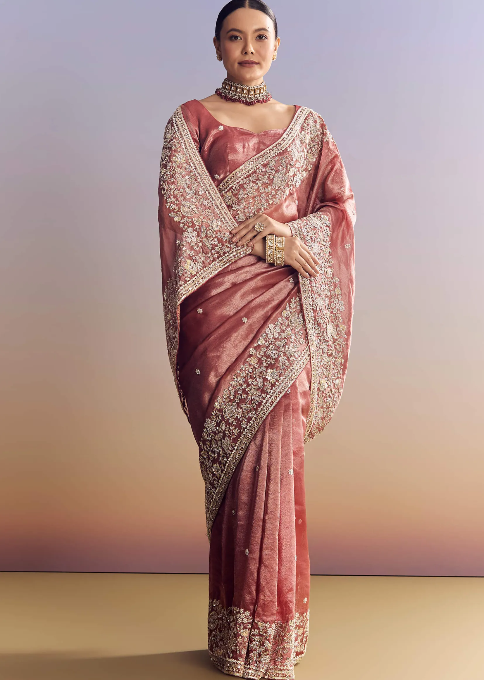 Onion Pink Tissue Saree With Detailed Floral Embroidered Border