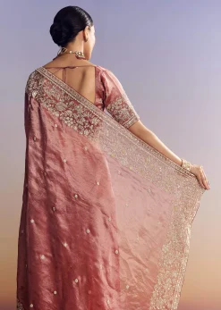 Onion Pink Tissue Saree With Detailed Floral Embroidered Border