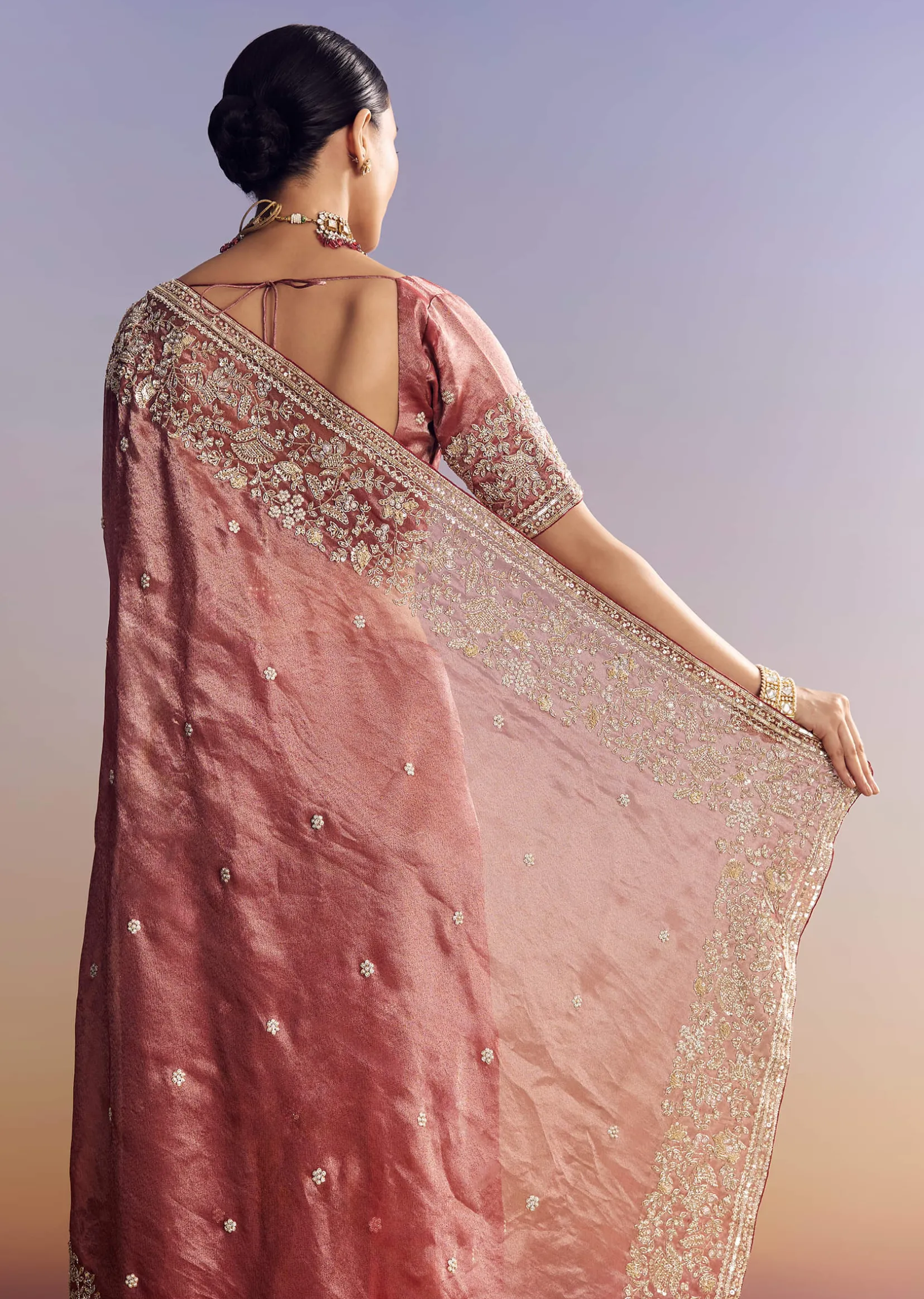 Onion Pink Tissue Saree With Detailed Floral Embroidered Border