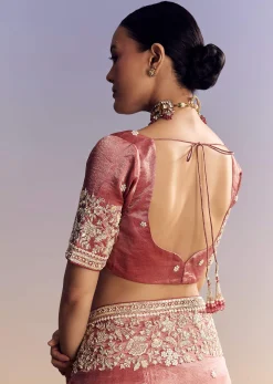 Onion Pink Tissue Saree With Detailed Floral Embroidered Border