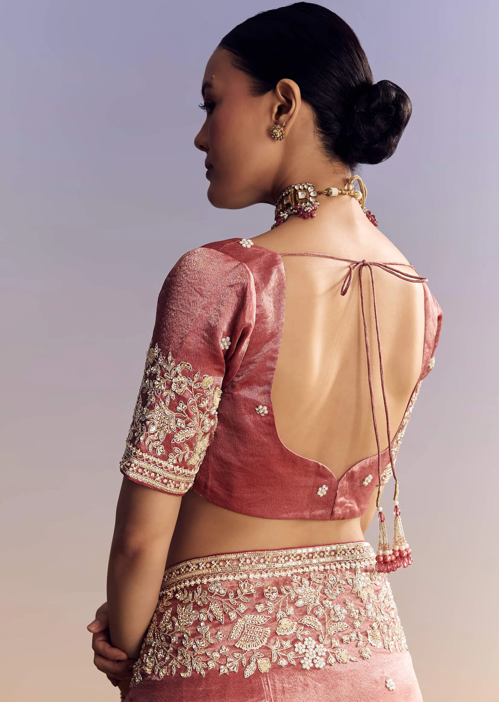 Onion Pink Tissue Saree With Detailed Floral Embroidered Border
