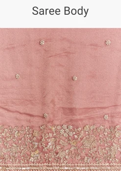Onion Pink Tissue Saree With Detailed Floral Embroidered Border