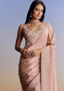 Onion Pink Tissue Saree With Gota Patti Moti And Cutdana Scallop Border