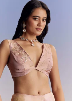Onion Pink Tissue Saree With Gota Patti Moti And Cutdana Scallop Border