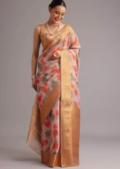 Onion Pink Tissue Silk Printed Saree With Zari Woven Contrast Border And Pallu