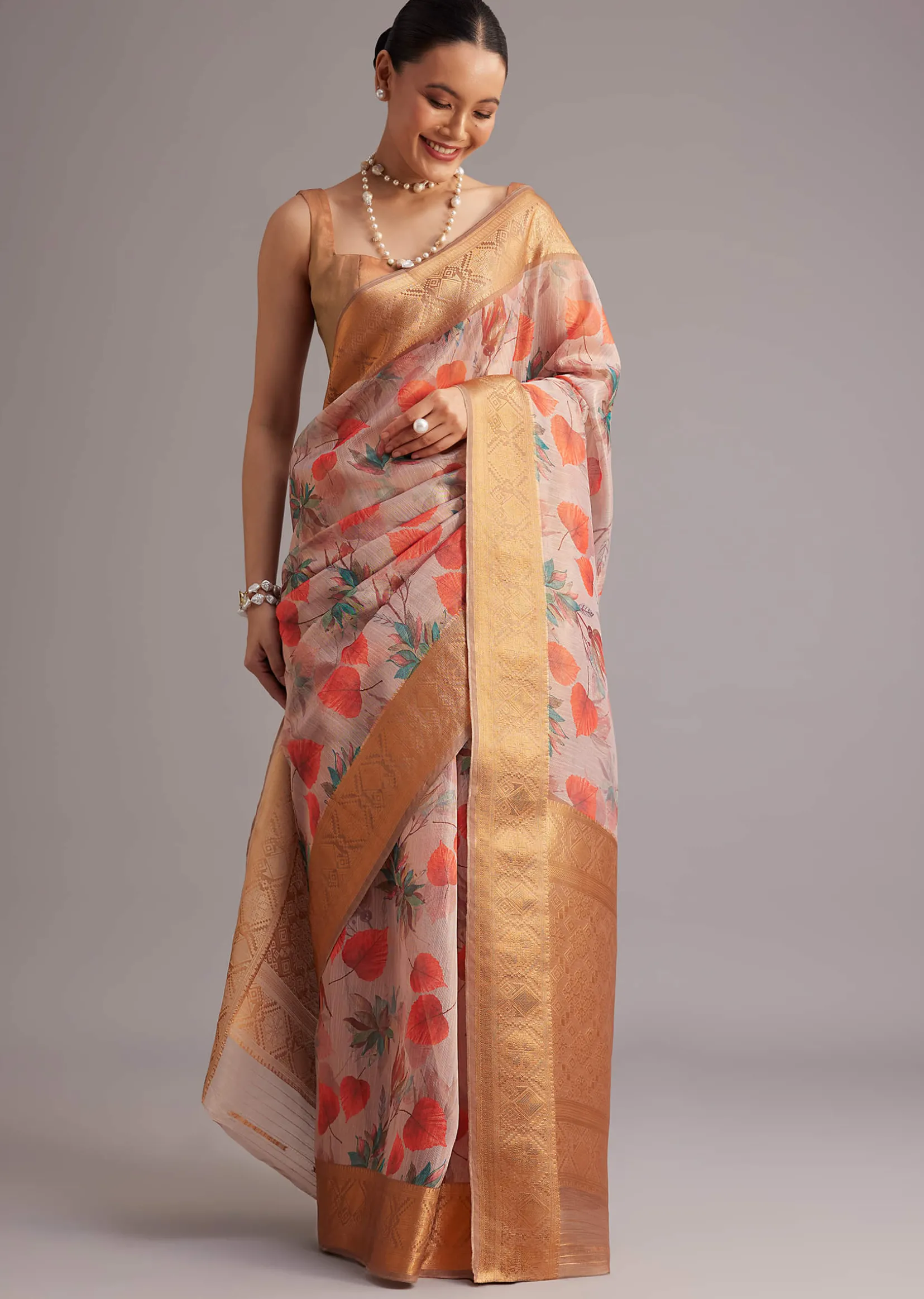 Onion Pink Tissue Silk Printed Saree With Zari Woven Contrast Border And Pallu