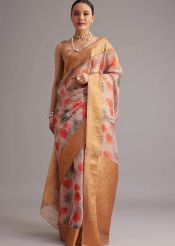 Onion Pink Tissue Silk Printed Saree With Zari Woven Contrast Border And Pallu
