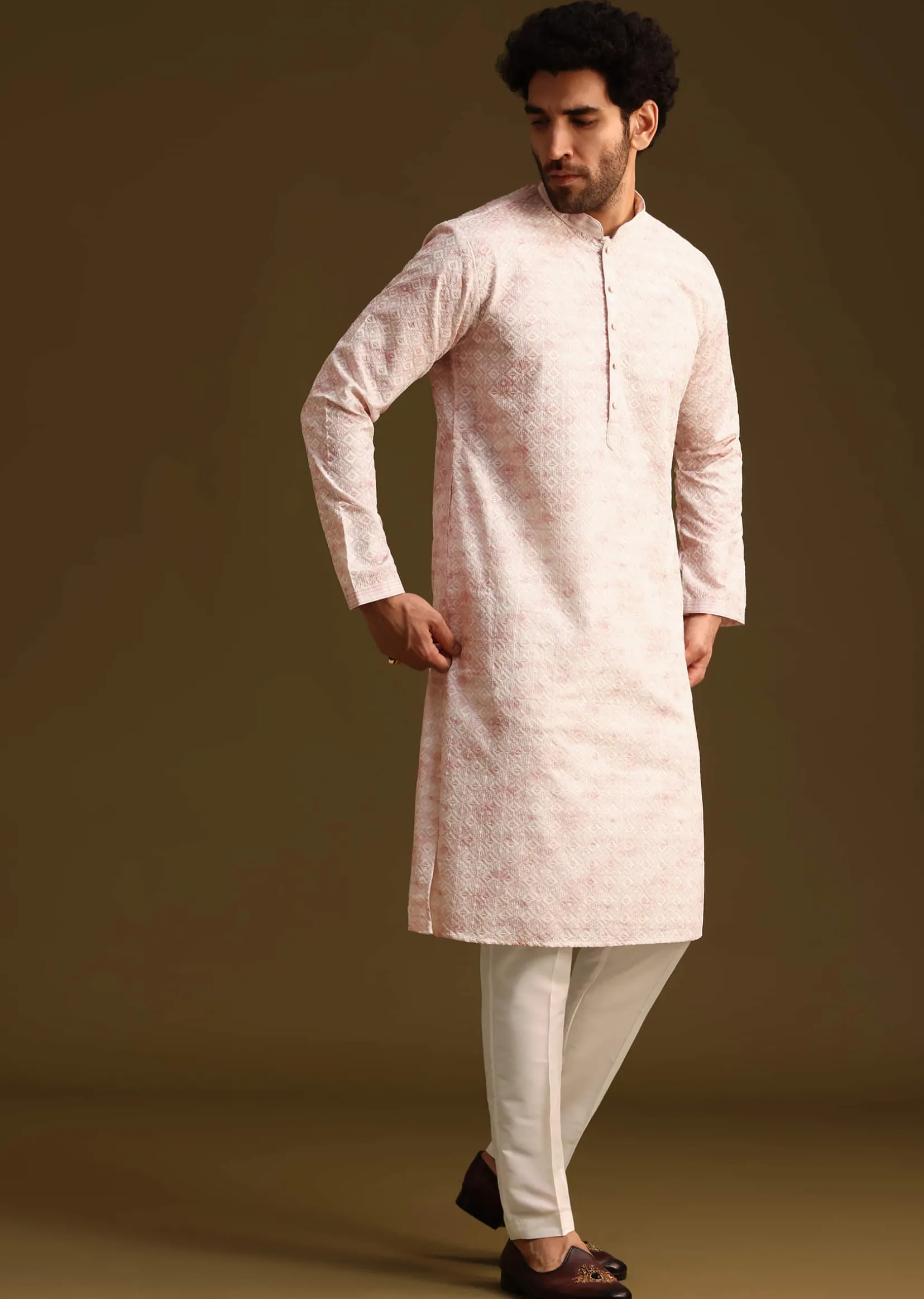 Onion Silk Schiffli Work Kurta And Pant