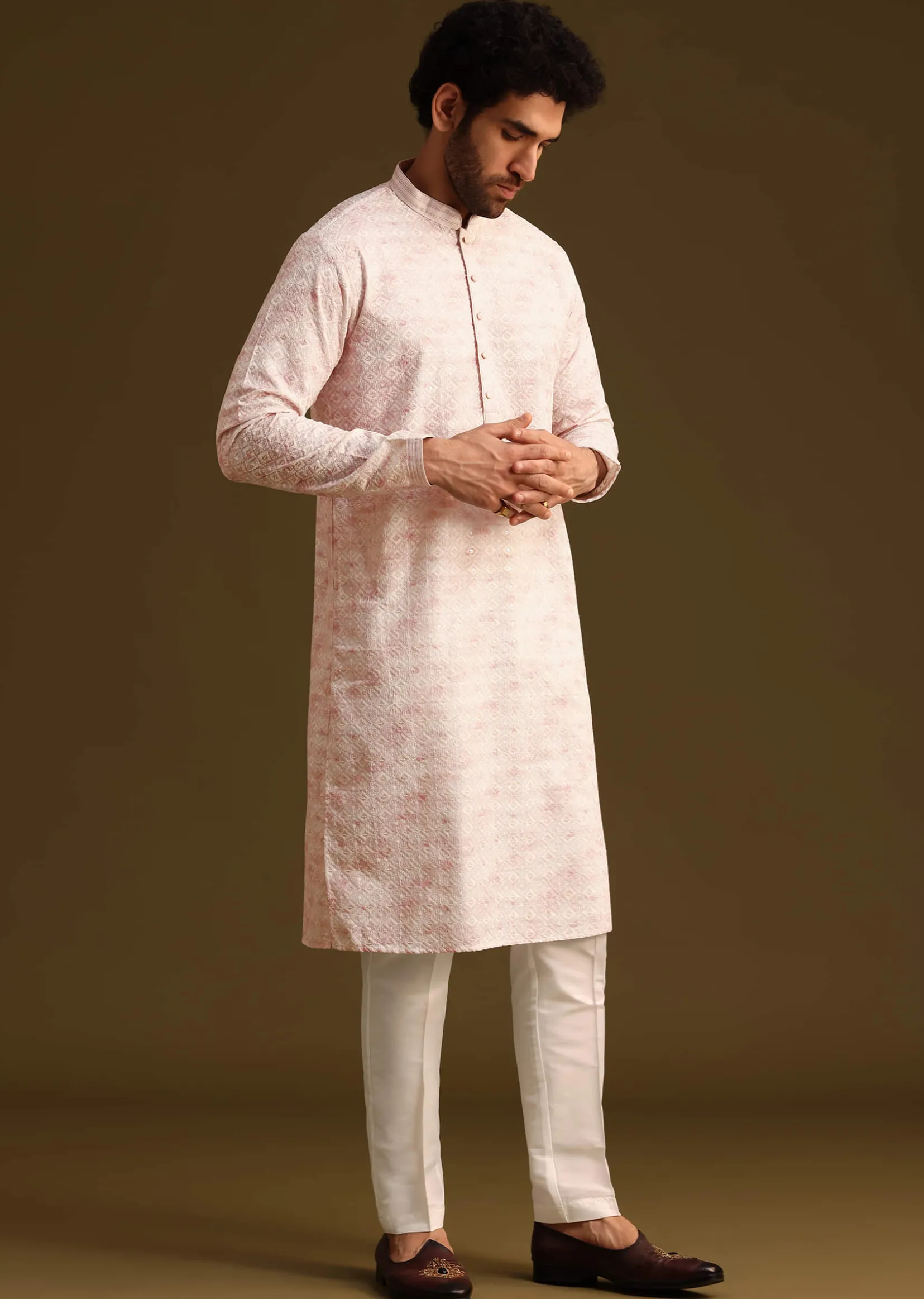 Onion Silk Schiffli Work Kurta And Pant