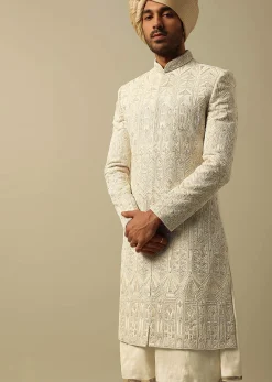 Opulent Beige Banarasi Silk Sherwani