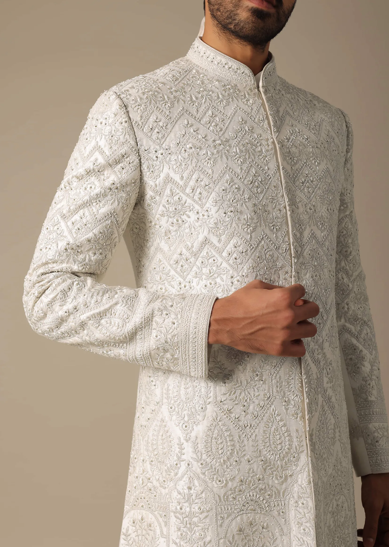 Opulent White Silk Sherwani Set