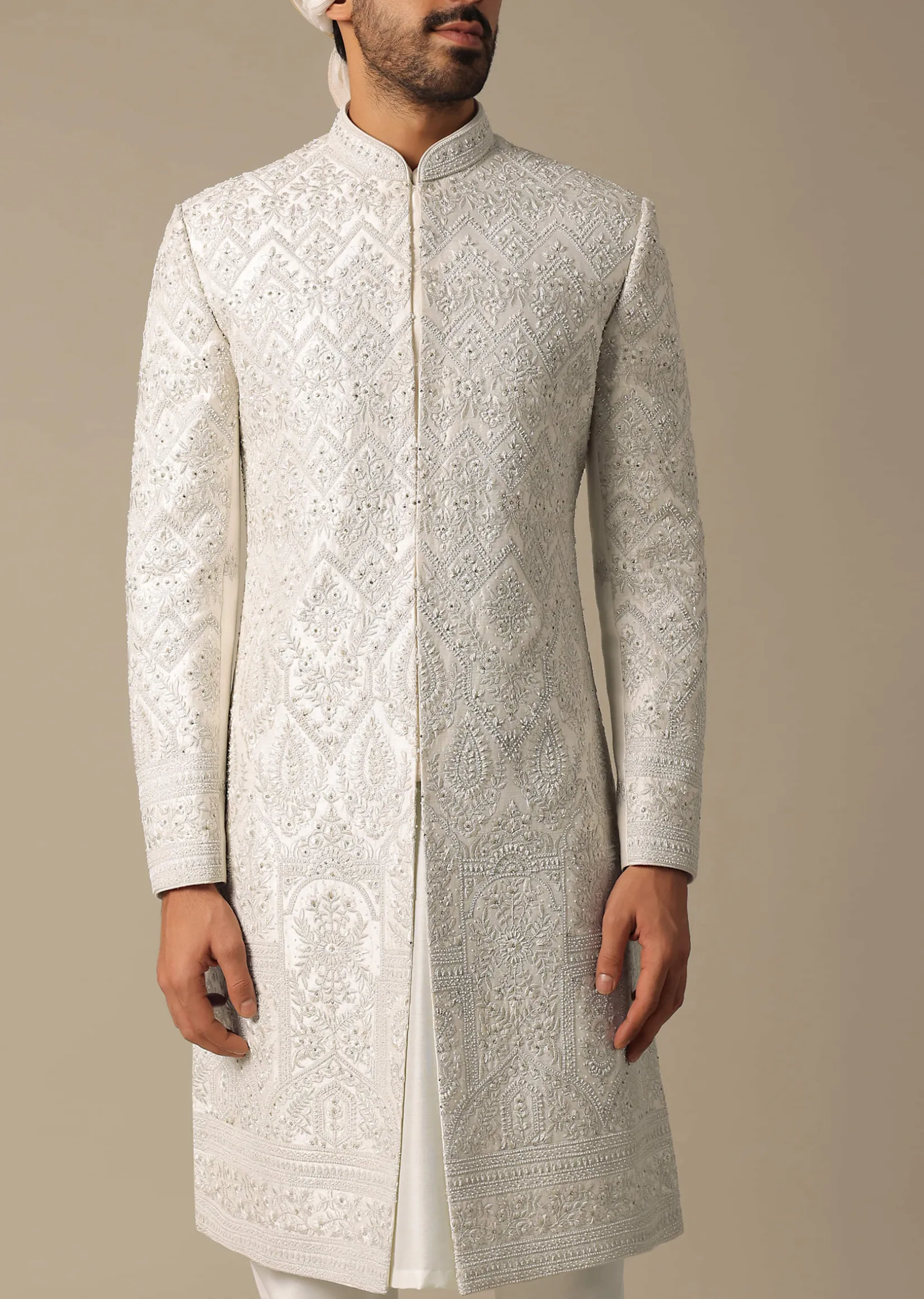 Opulent White Silk Sherwani Set