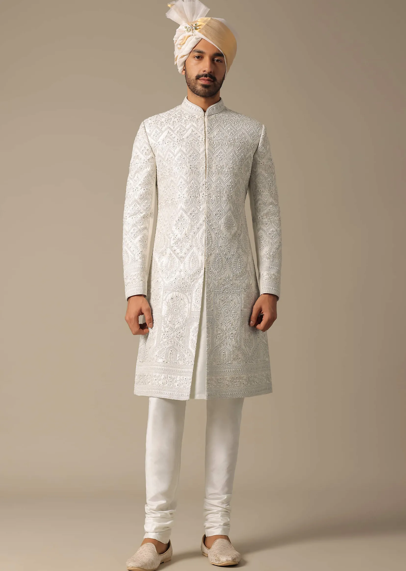 Opulent White Silk Sherwani Set
