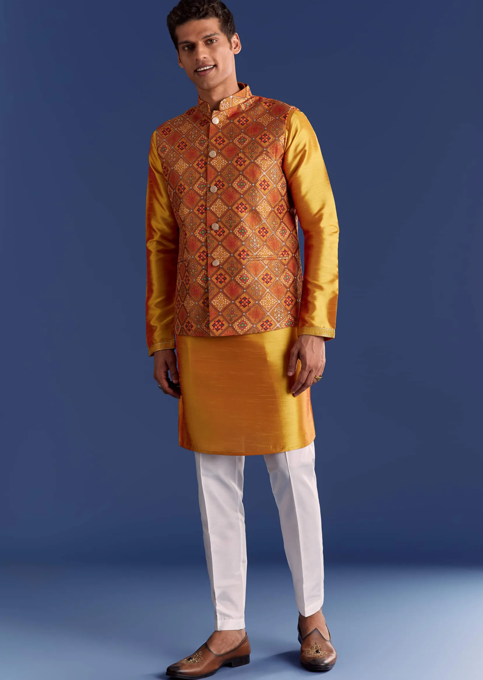 Orange Brocade Kurta Jacket Set With Geometric Print