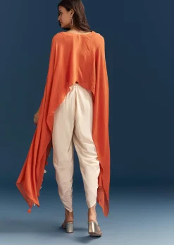 Orange Cape Crop Top Dhoti Set With Moti And Cut Dana Embroidery