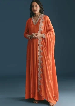 Orange Chinon Anarkali Suit With Embroidered Dupatta