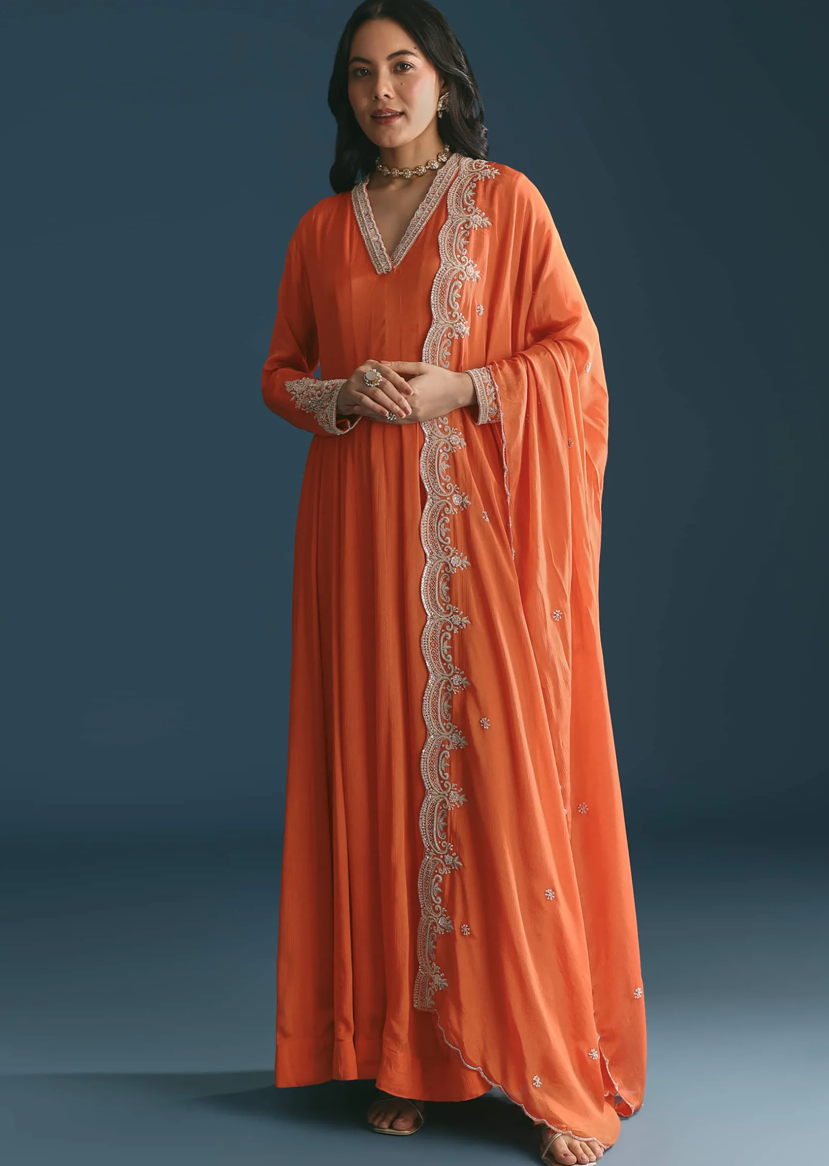 Orange Chinon Anarkali Suit With Embroidered Dupatta