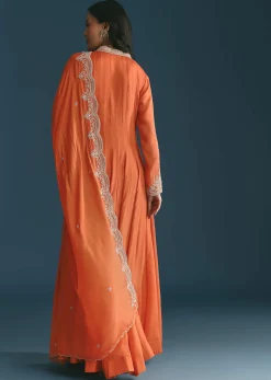 Orange Chinon Anarkali Suit With Embroidered Dupatta