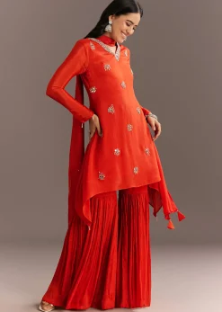 Orange Chinon Asymmetrical Cut Kurta Sharara With Dupatta