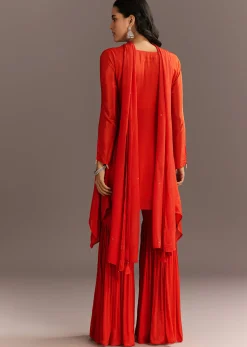 Orange Chinon Asymmetrical Cut Kurta Sharara With Dupatta