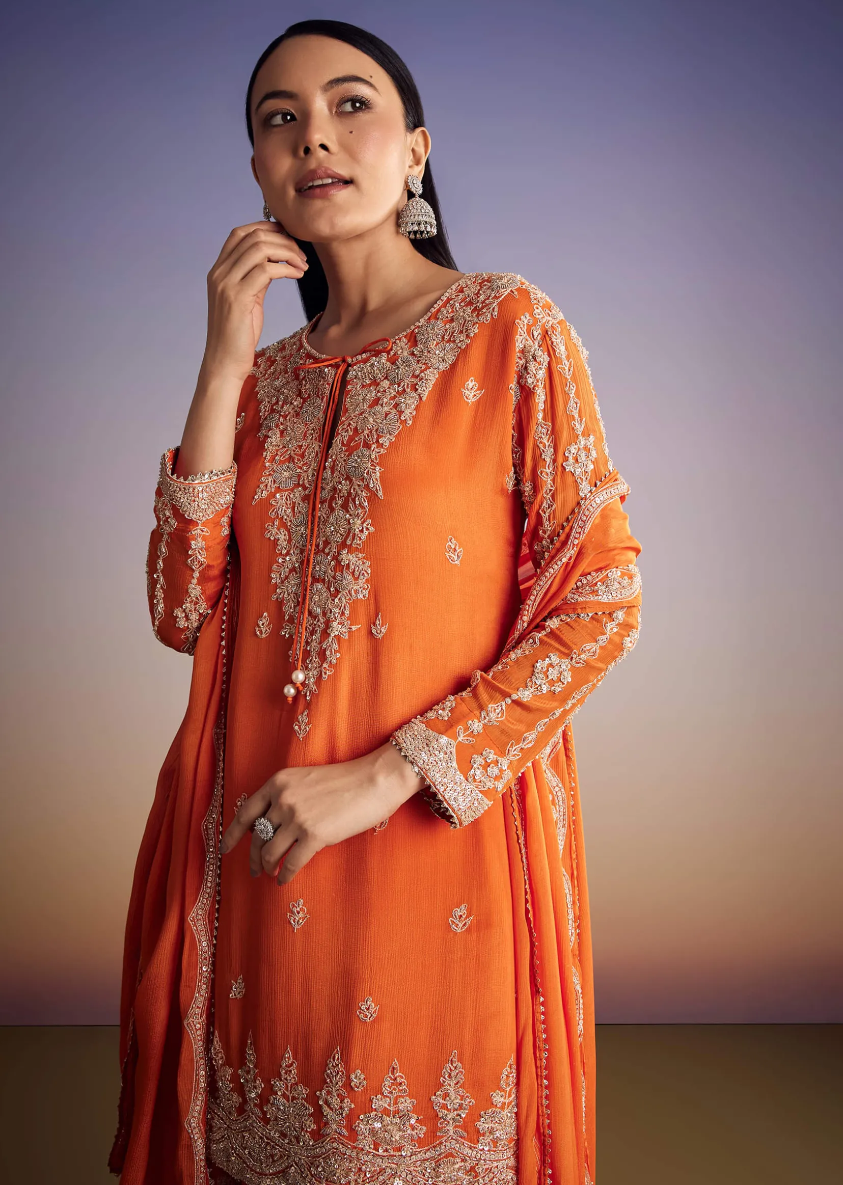 Orange Chinon Kurta Palazzo Set With Cutdana And Beads Work
