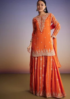 Orange Chinon Kurta Palazzo Set With Cutdana And Beads Work