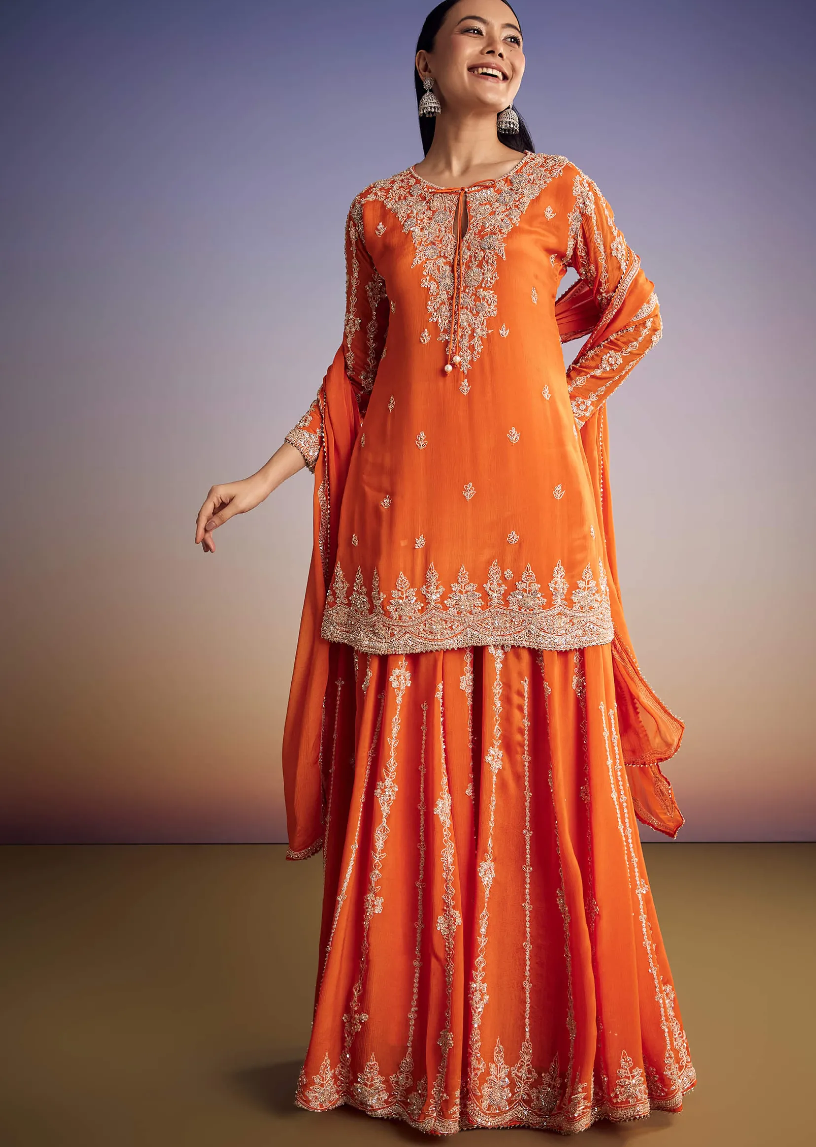 Orange Chinon Kurta Palazzo Set With Cutdana And Beads Work