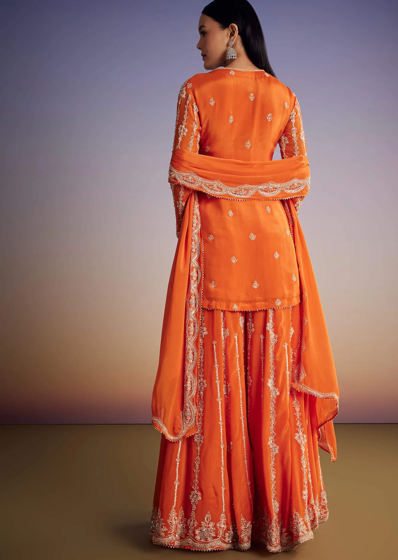 Orange Chinon Kurta Palazzo Set With Cutdana And Beads Work