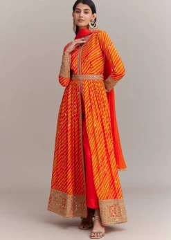 Orange Chinon Leheriya Embroidered Anarkali Set