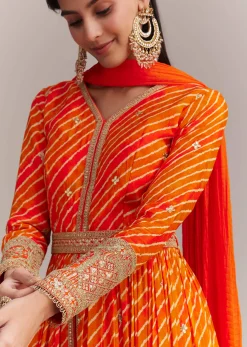 Orange Chinon Leheriya Embroidered Anarkali Set