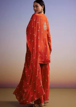 Orange Chinon Sharara Suit With Cut Dana And Sequins Work