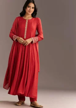 Orange Chinon Zardosi Moti Work Anarkali Dupatta Set