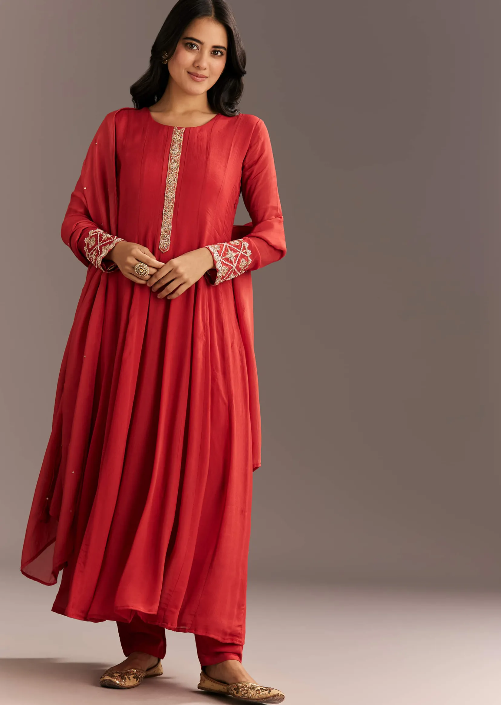 Orange Chinon Zardosi Moti Work Anarkali Dupatta Set