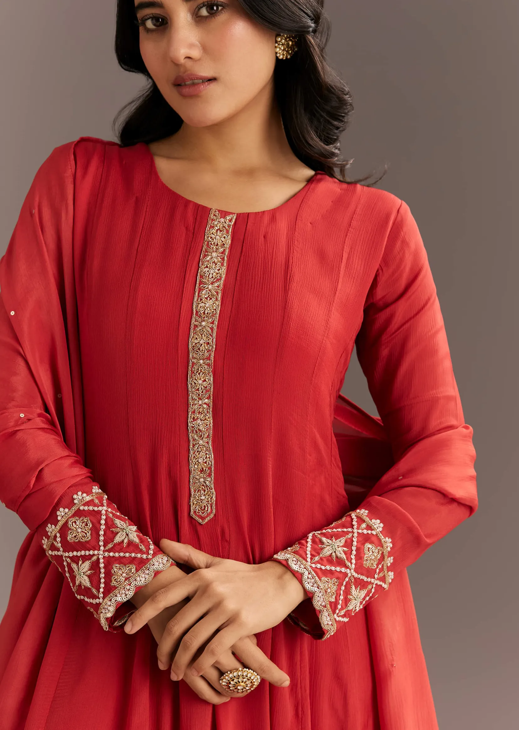 Orange Chinon Zardosi Moti Work Anarkali Dupatta Set