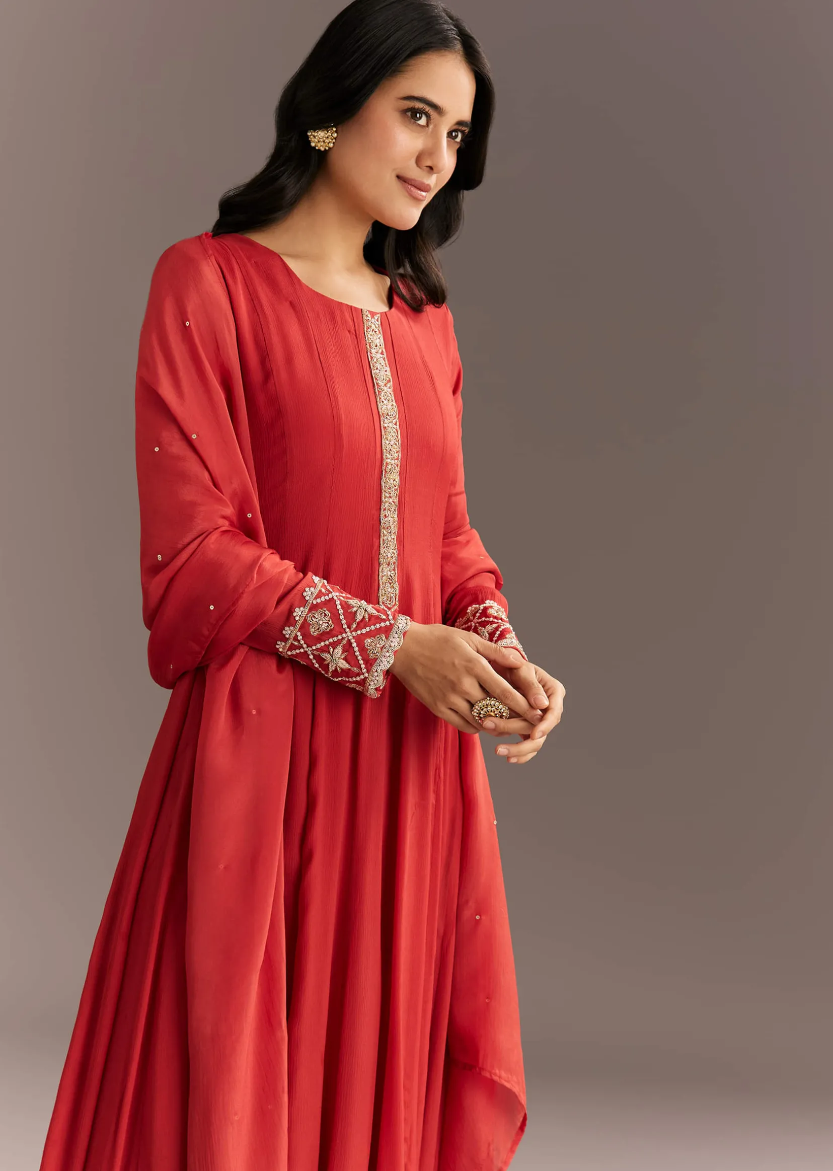 Orange Chinon Zardosi Moti Work Anarkali Dupatta Set