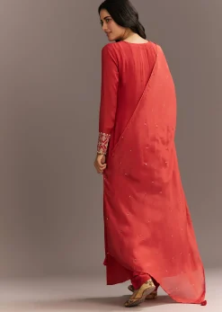 Orange Chinon Zardosi Moti Work Anarkali Dupatta Set