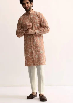 Orange Cotton Silk Embroidered Kurta Set For Men