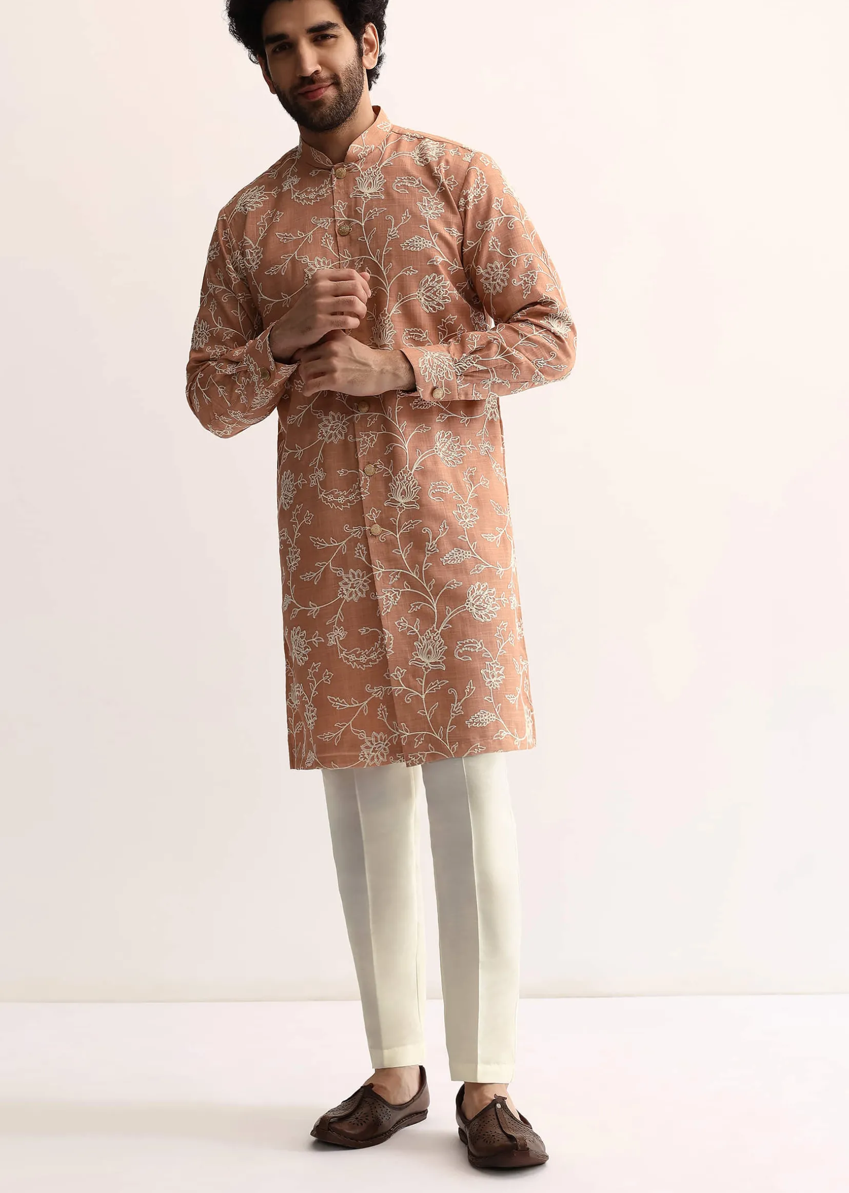 Orange Cotton Silk Embroidered Kurta Set For Men